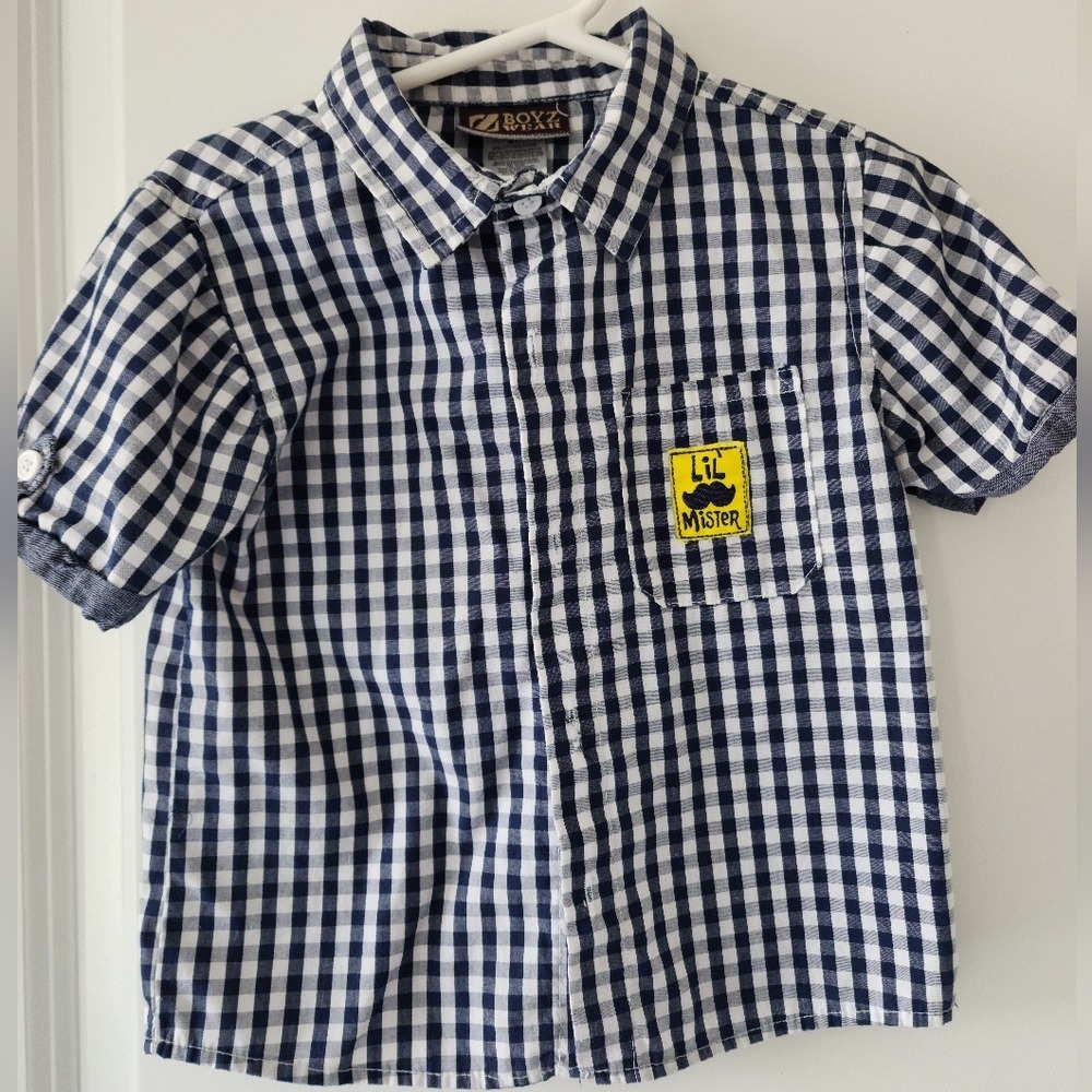 Kid's sz 3T Navy Blue Gingham Short Sleeve Lil Mister Button Down Shirt Summer